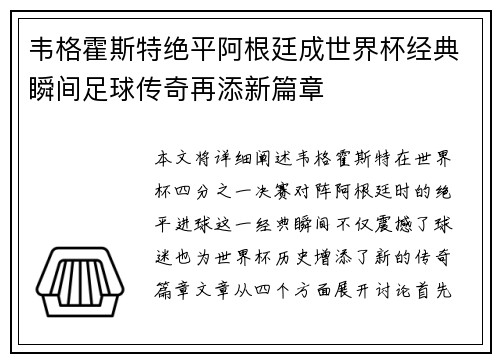 韦格霍斯特绝平阿根廷成世界杯经典瞬间足球传奇再添新篇章