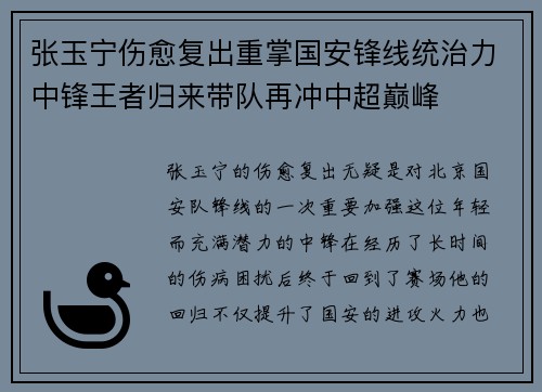 张玉宁伤愈复出重掌国安锋线统治力中锋王者归来带队再冲中超巅峰 张玉宁伤愈复出重掌国安锋线统治力中锋王者归来带队再冲中超巅峰