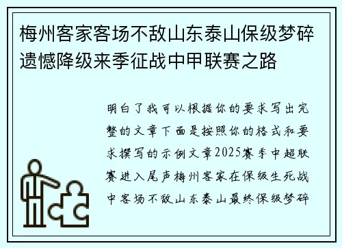 梅州客家客场不敌山东泰山保级梦碎遗憾降级来季征战中甲联赛之路 梅州客家客场不敌山东泰山保级梦碎遗憾降级来季征战中甲联赛之路